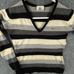 Lacoste Women Wool Sweater Knit Striped Gray Ivory Black V Neck Size 44 Preppy
